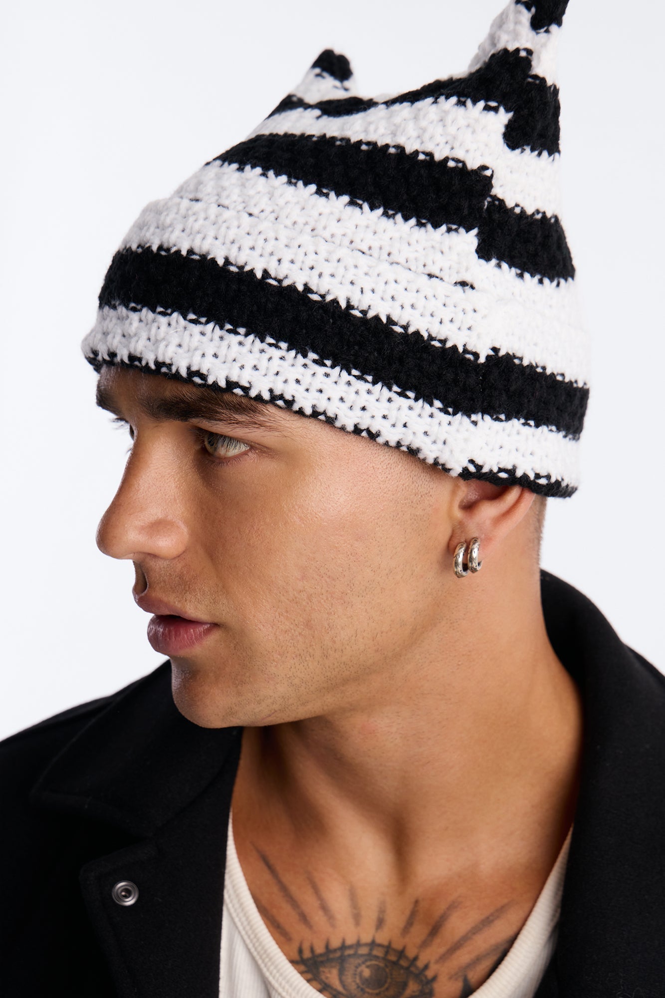 Striped Cat Ears Knit Beanie - Black/combo