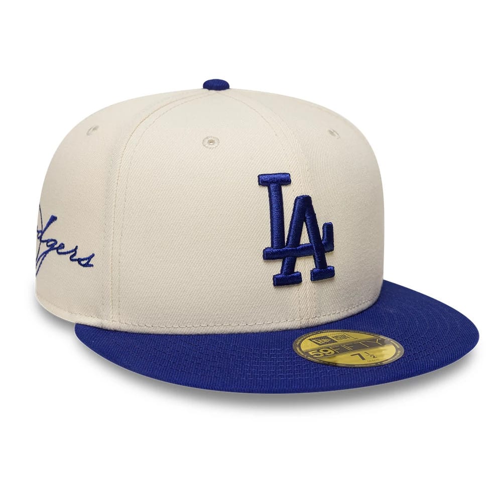LA Dodgers MLB Side Script Cream & Blue 59FIFTY Fitted Cap