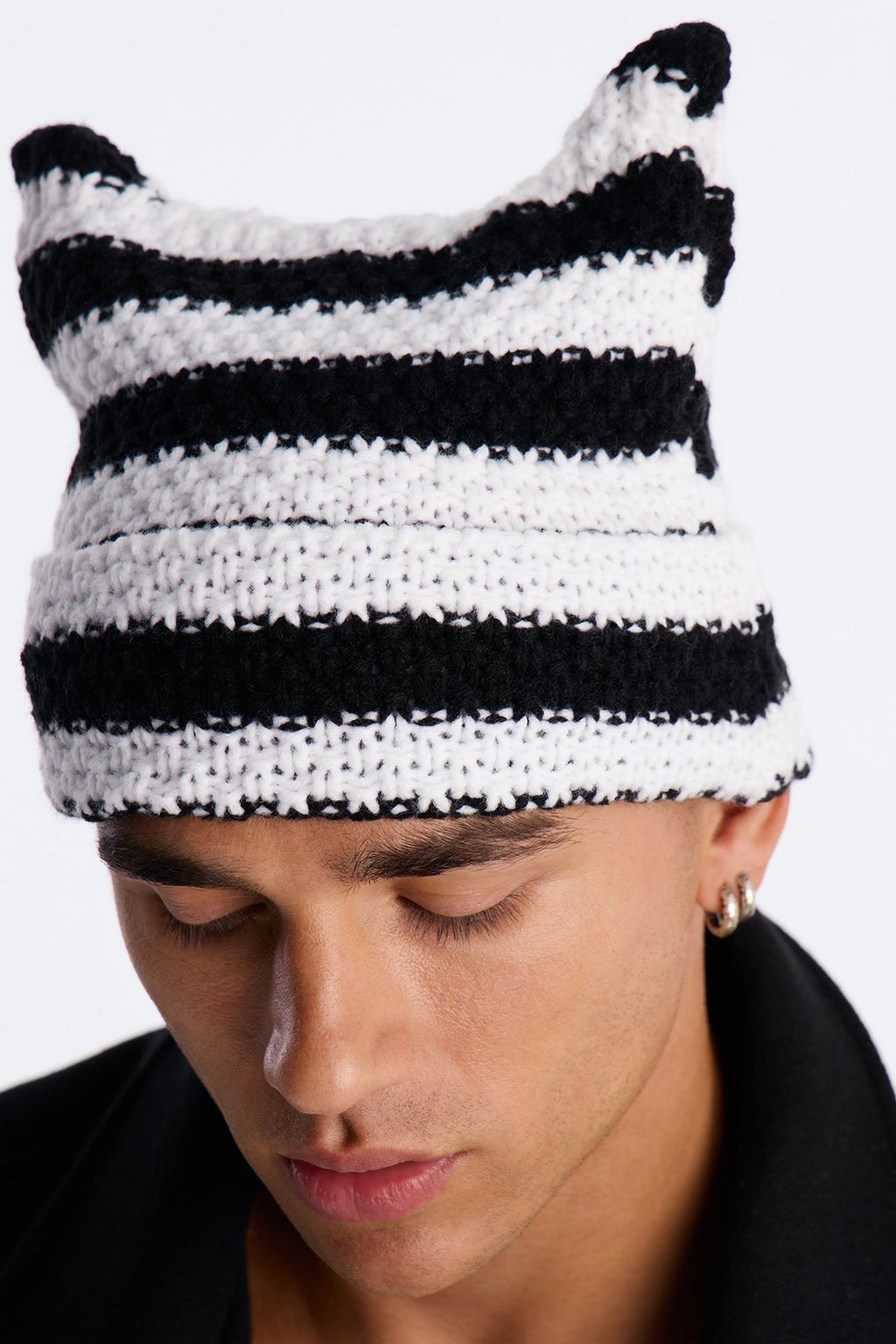 Striped Cat Ears Knit Beanie - Black/combo