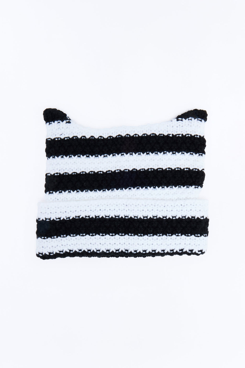 Striped Cat Ears Knit Beanie - Black/combo